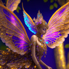 Majestic female figure with golden attire and butterfly wings on blue background