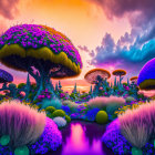 Colorful Mushroom Landscape with Whimsical Flora and Dramatic Sunset Sky