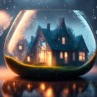 Miniature house in glass container with water droplets, warm glow, misty backdrop