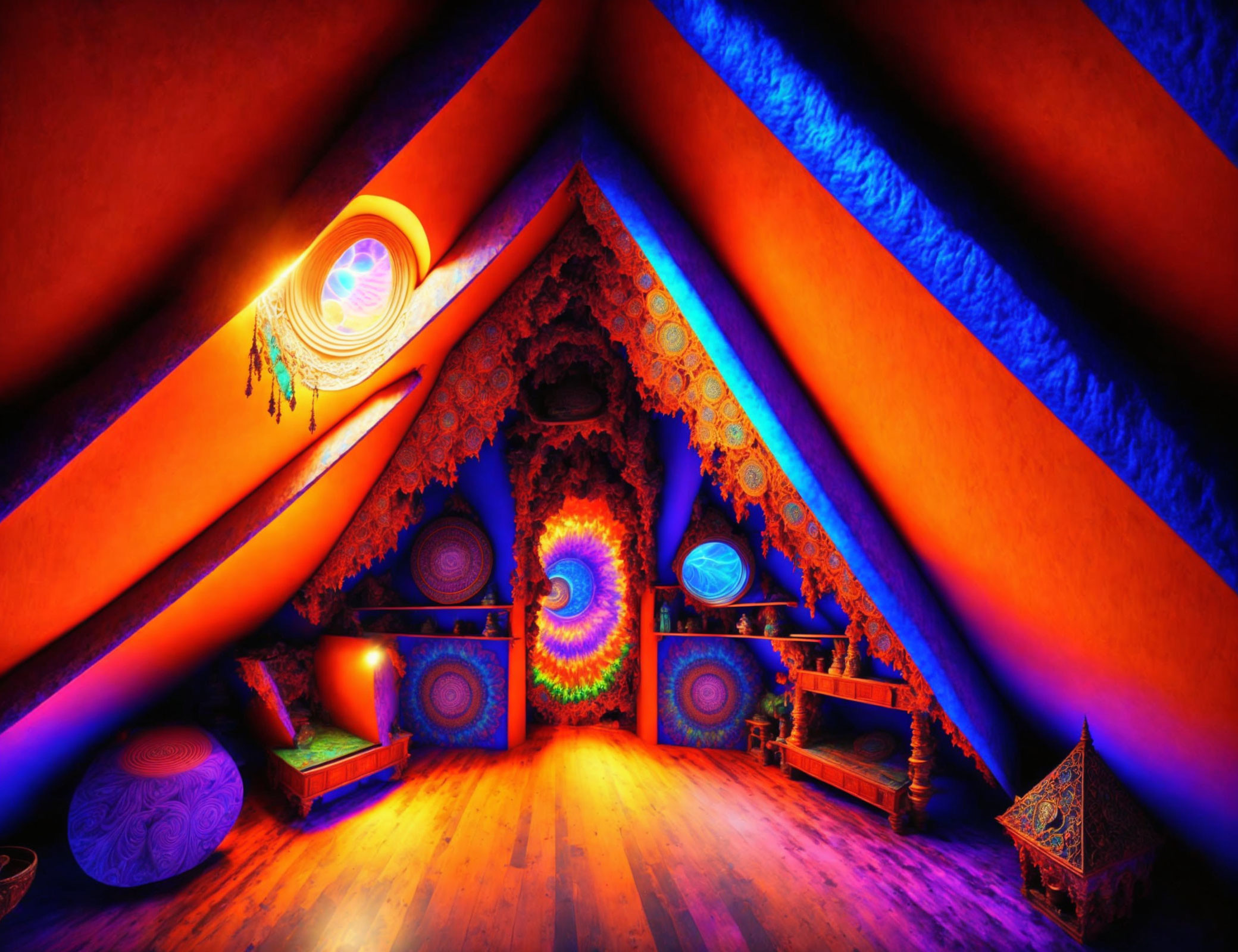 Colorful room with blue and orange walls, psychedelic patterns, wooden floor, and intricate decorations.