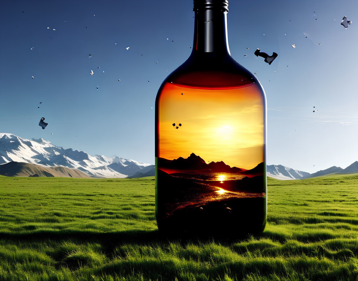 Whiskey Bottle with Mountainscape Sunset on Grass Field