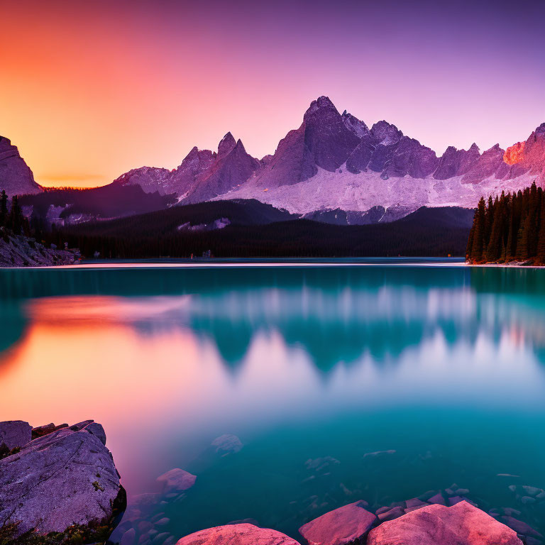 Scenic sunset over mountain range with pink and orange skies reflected in blue lake