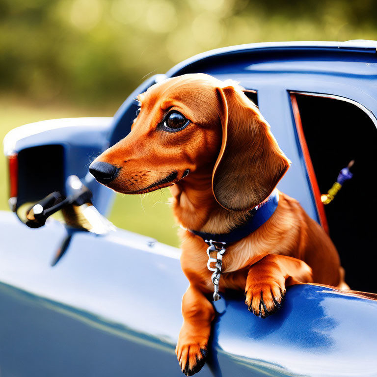 Blue-collar dachshund in toy car window with leash attached