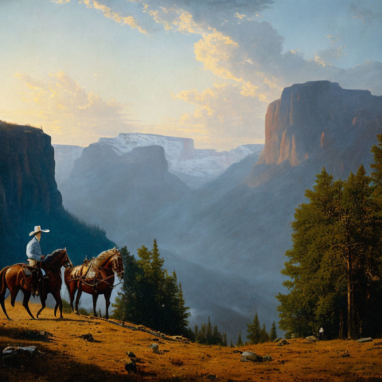 Cowboy on horseback overlooking canyon at sunrise