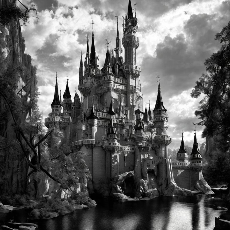 Monochromatic fairytale castle in enchanted forest with spires, lake, and dramatic sky