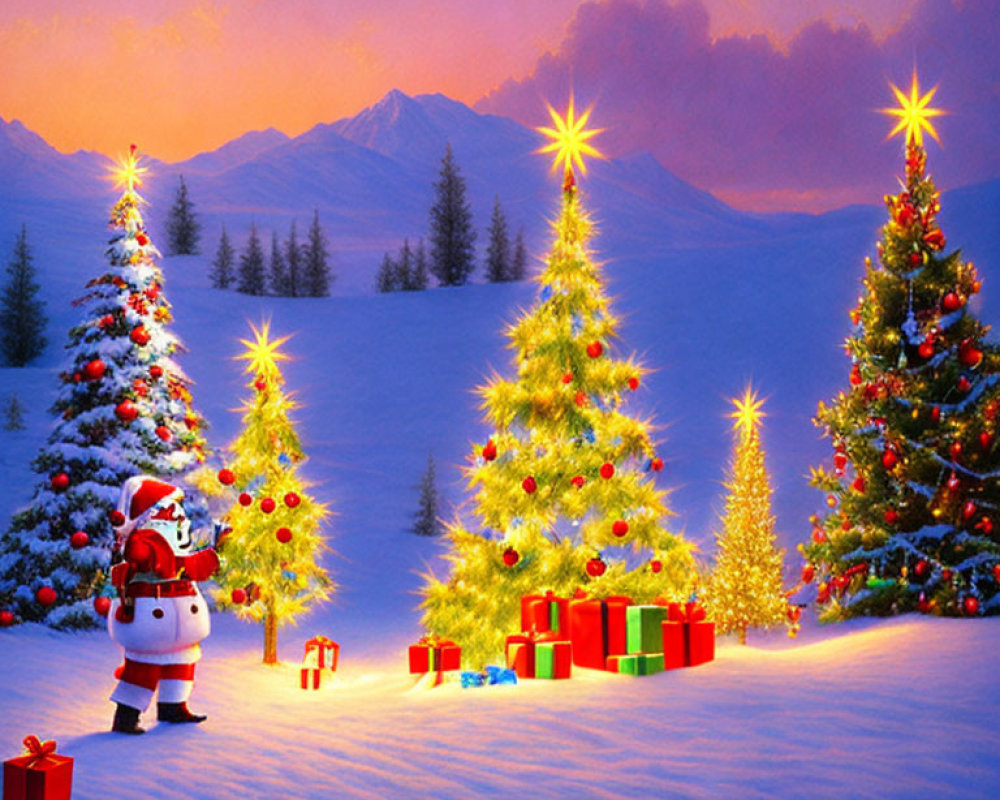Santa Claus with Christmas trees, gifts, and snowy landscape at dusk
