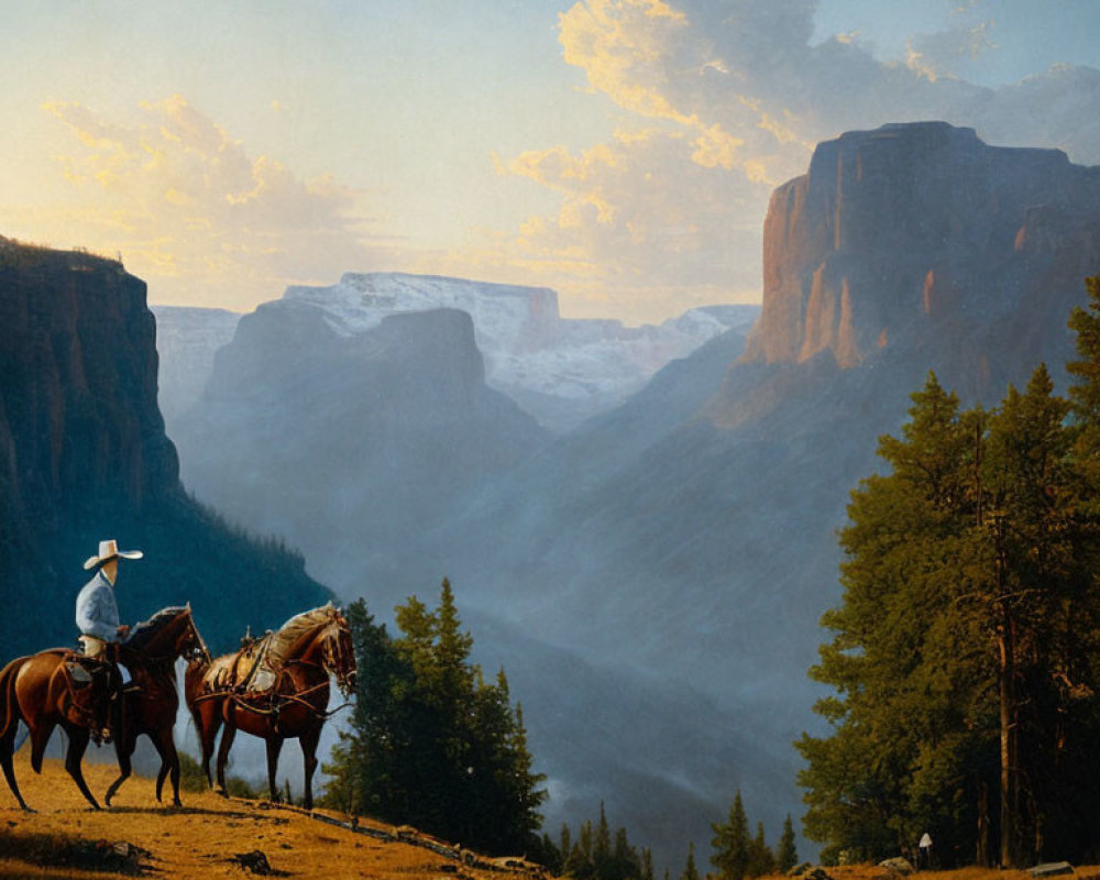 Cowboy on horseback overlooking canyon at sunrise
