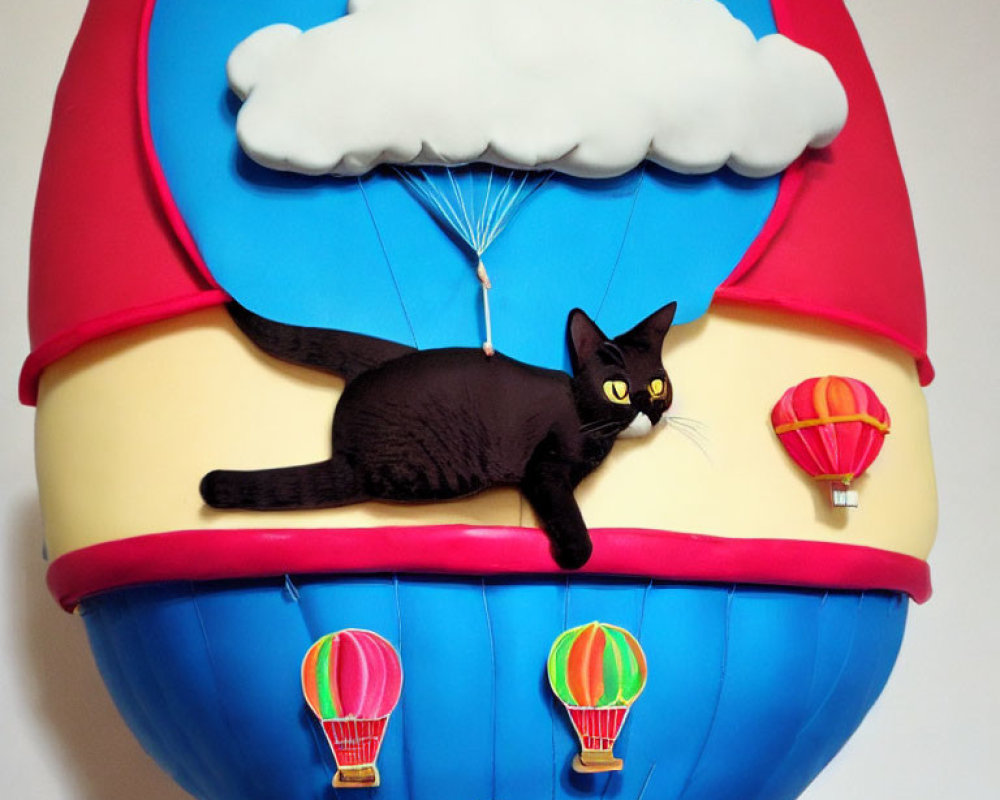 Black Cat Resting on Colorful Hot Air Balloon Cake with Clouds