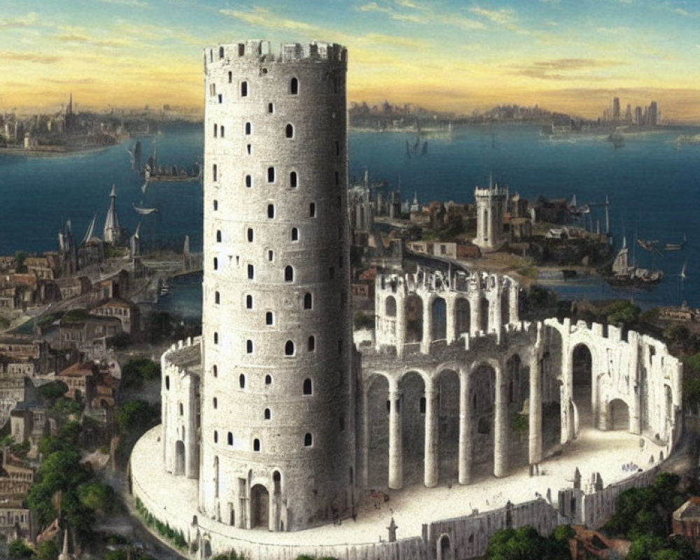 Medieval white stone tower with circular colonnade in ancient cityscape