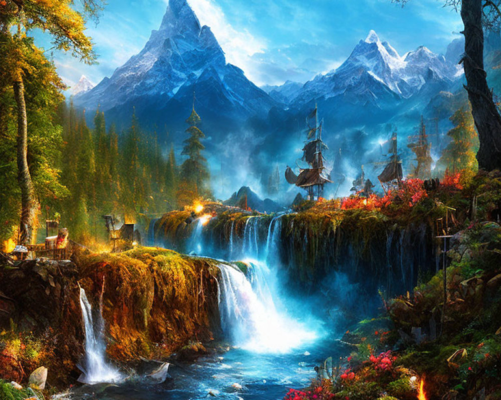Scenic landscape with waterfalls, river, autumn trees, and mountains
