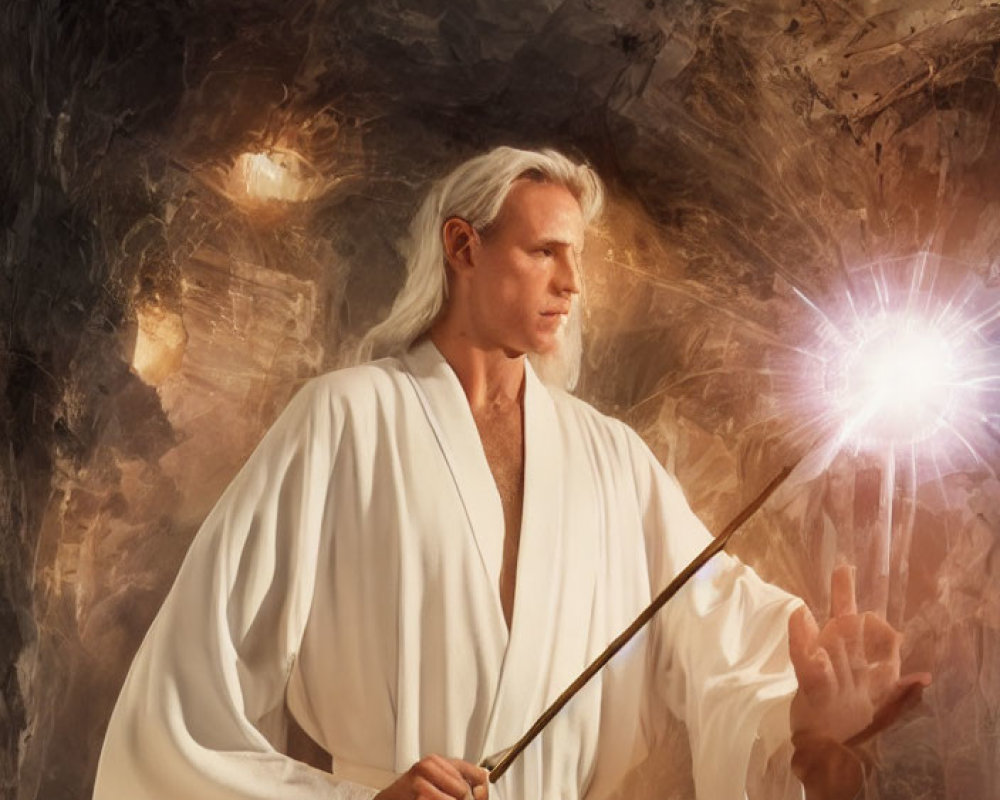 Long White-Haired Figure with Staff in White Robe Against Abstract Background