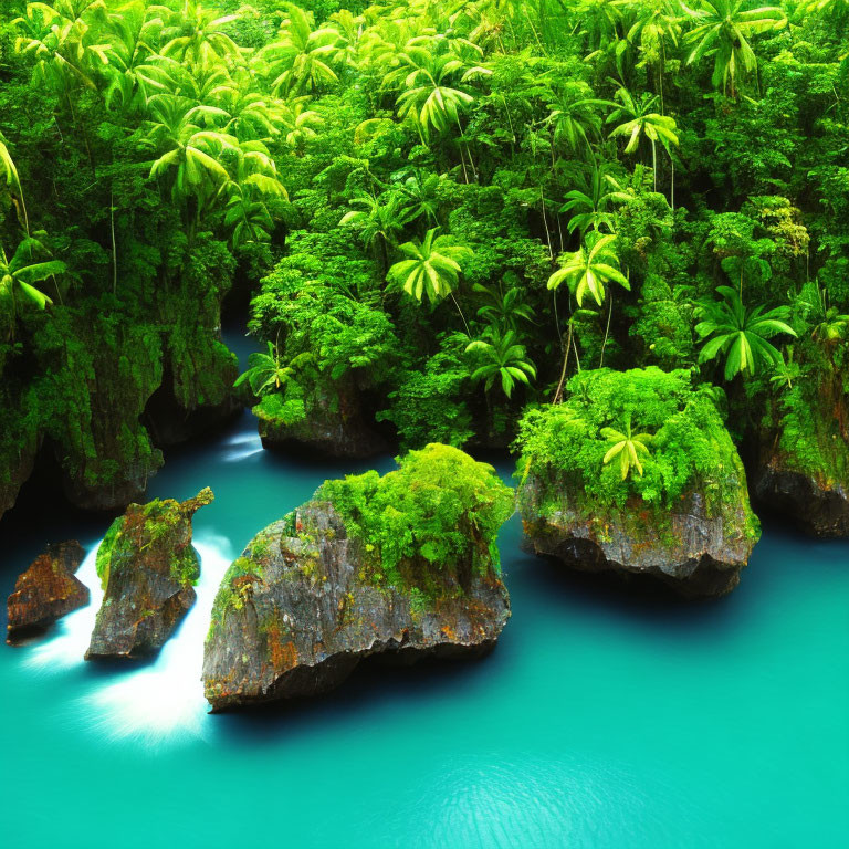 Tropical Rainforest with Vibrant Foliage and Turquoise Water