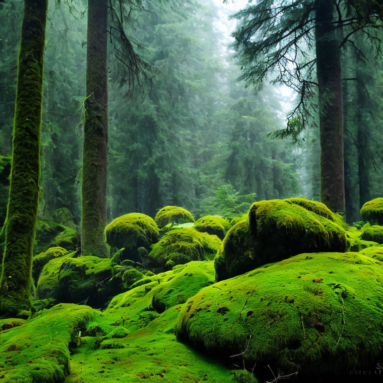 Tranquil Green Forest with Moss-Covered Grounds and Towering Trees