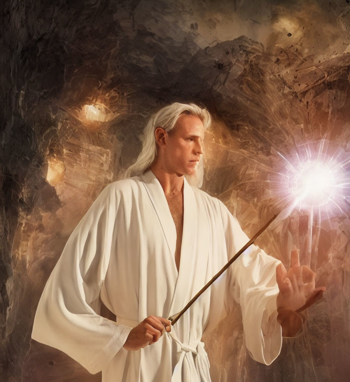 Long White-Haired Figure with Staff in White Robe Against Abstract Background