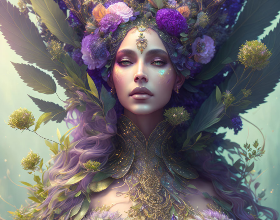 Woman with Lavender Hair and Floral Headpiece: Starry Makeup and Golden Collar
