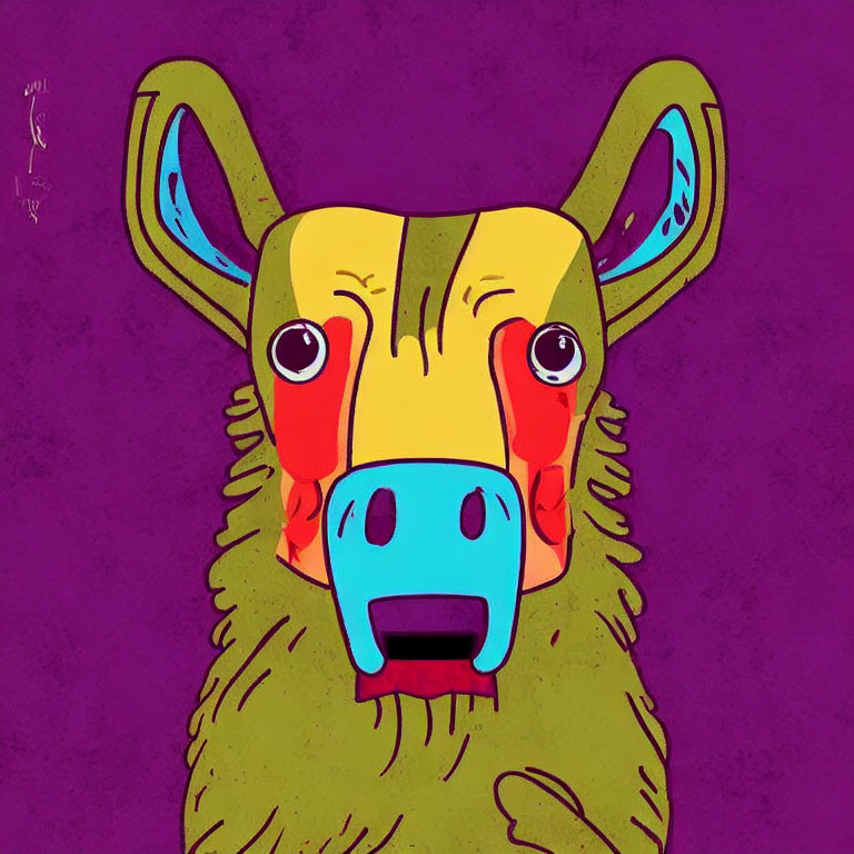 Vibrant creature illustration with yellow face, red cheeks, blue nose, and green ears on purple