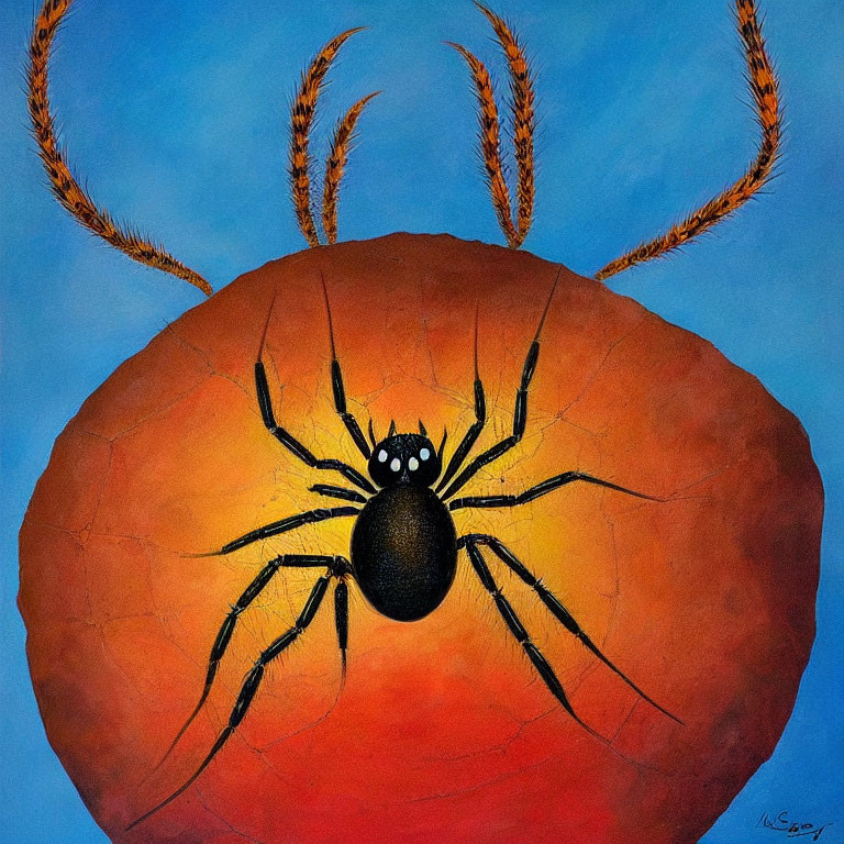 Large Black Spider with White Eyes on Orange Textured Background and Sky with Face Illusion