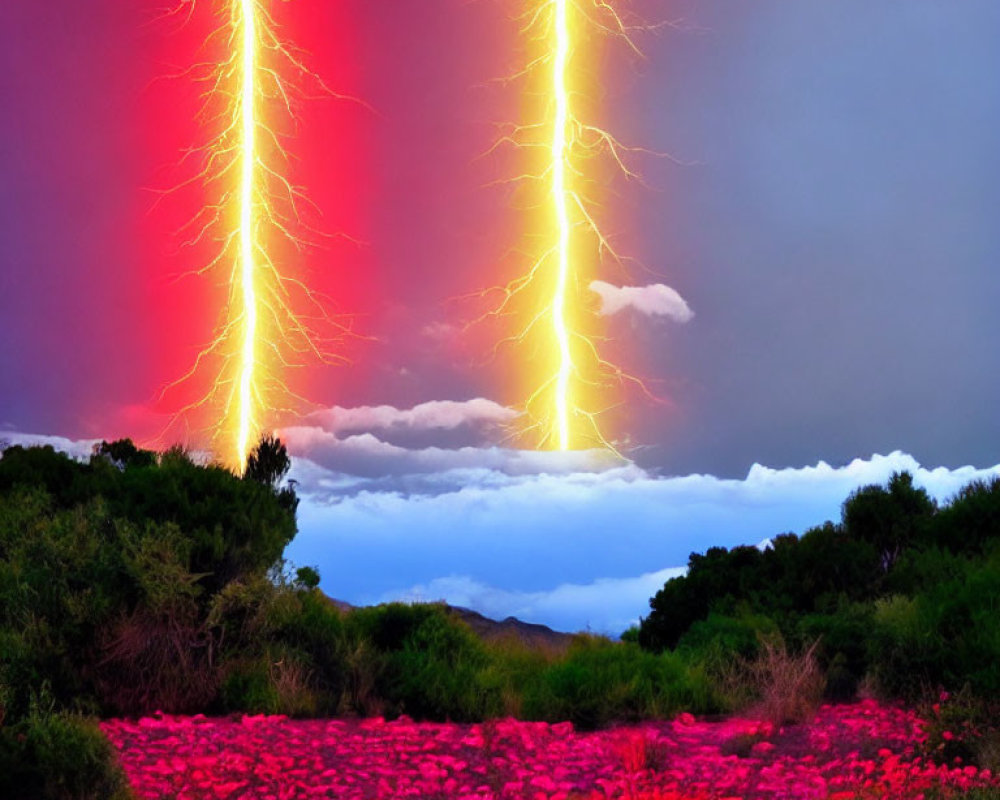 Intense red lightning strikes in vibrant landscape.