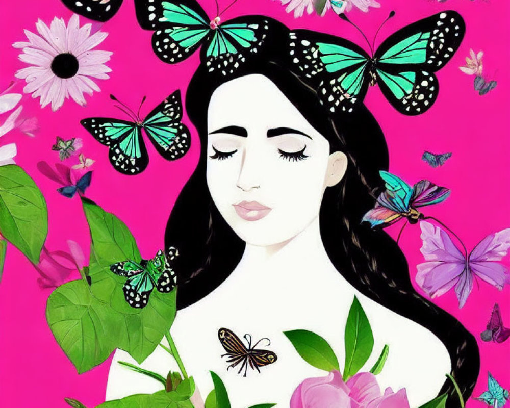 Woman Surrounded by Butterflies on Pink Background with Foliage and Flowers