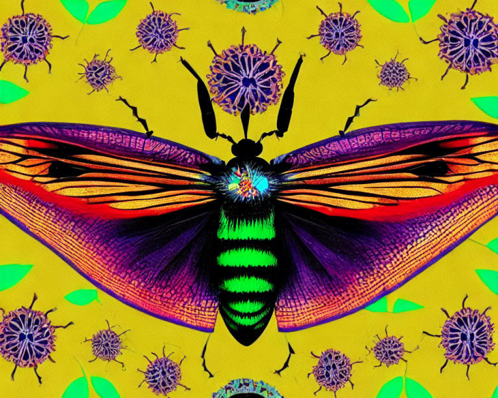 Colorful Stylized Insect Art on Yellow Patterned Background