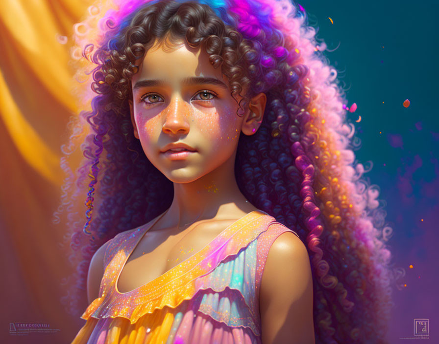 Young girl with curly hair and golden sparkles in colorful dress against dreamy backdrop