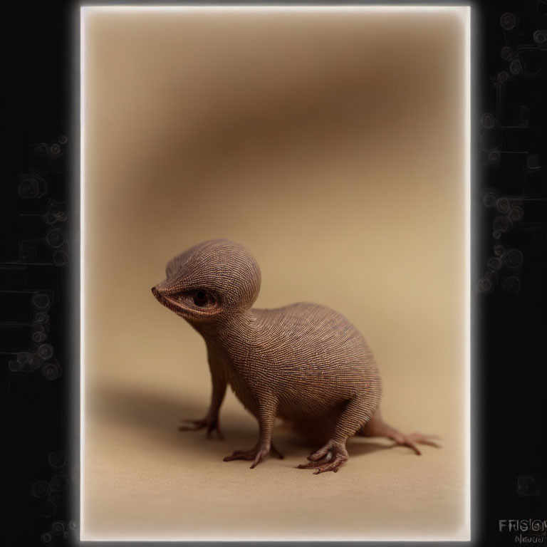 Knitted doll-like lizard-bird creature on sepia background