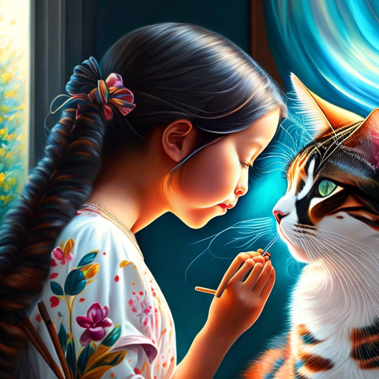 Young girl with braided ponytail blowing dandelion with tabby cat watching in soft light