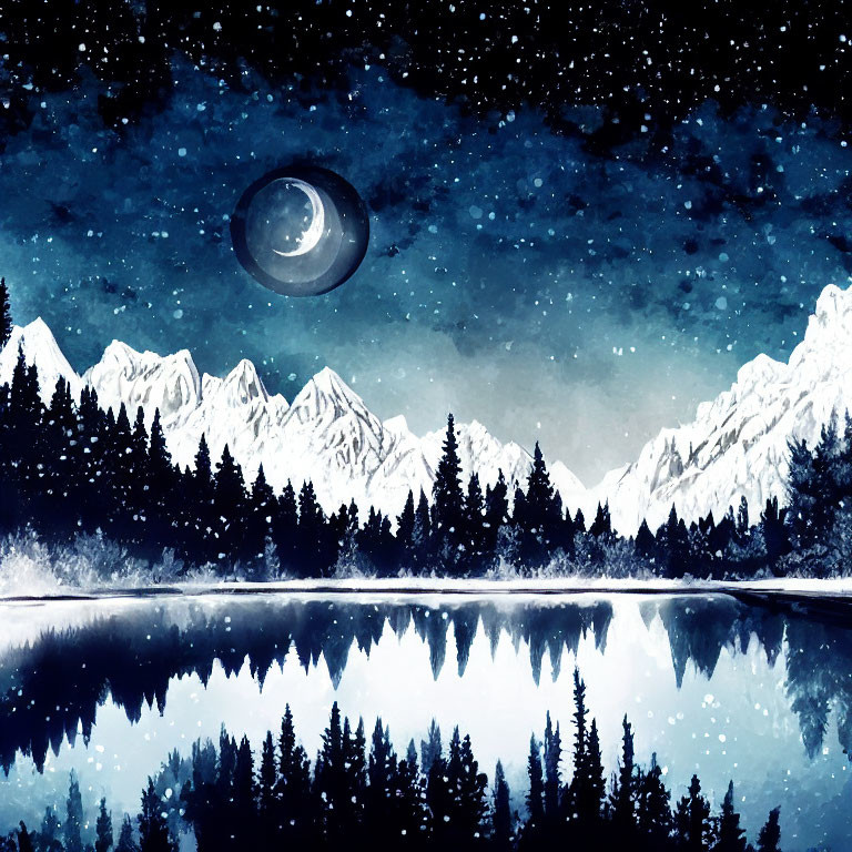 Night landscape with crescent moon, starry sky, snow-capped mountains, dark forest, and