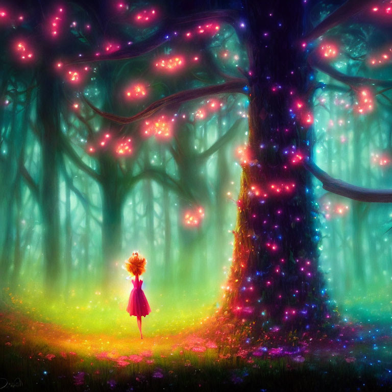 Enchanting forest scene with glowing pink lights and figure under tree