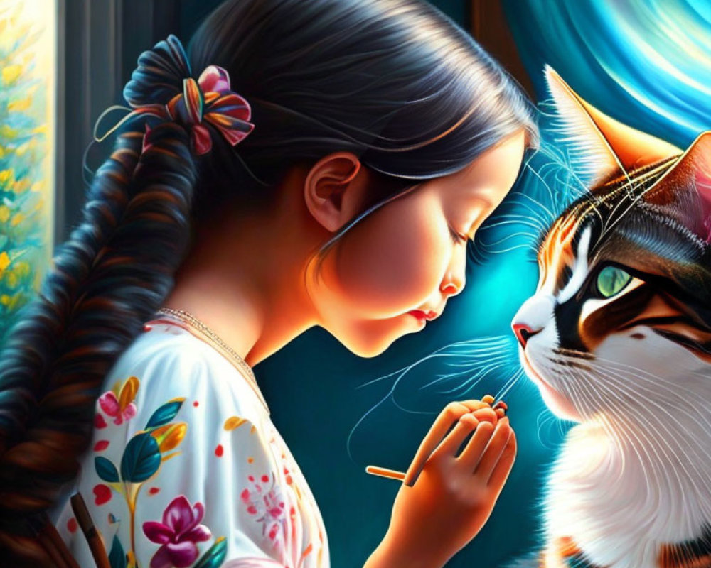 Young girl with braided ponytail blowing dandelion with tabby cat watching in soft light
