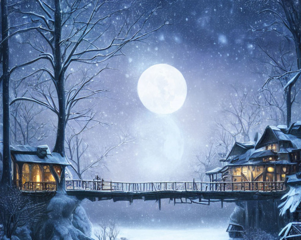 Snow-covered trees in moonlit winter night with cozy houses and bridge.