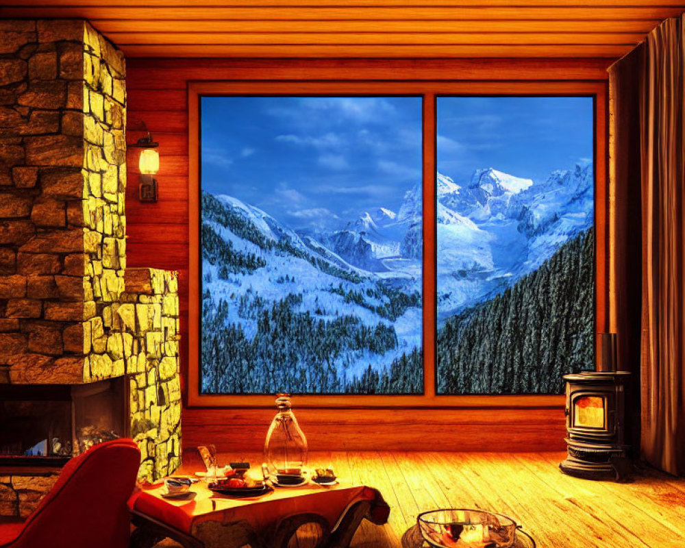 Cozy cabin interior with fireplace, red armchair, and snowy mountain view