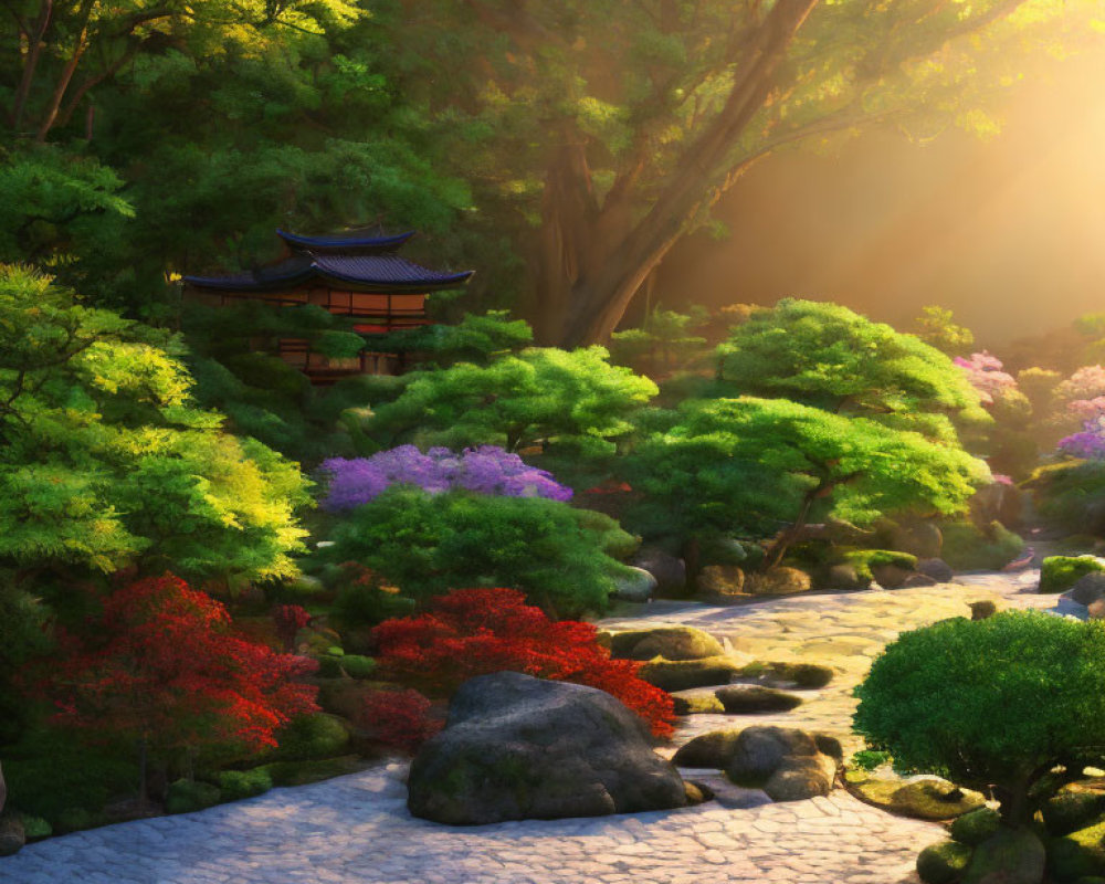 Tranquil Japanese garden with stone pathway, maple trees, and pagoda at sunrise