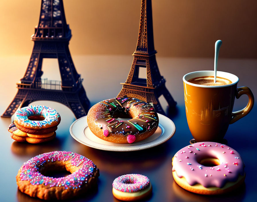 Colorful Doughnuts and Coffee with Eiffel Tower Replicas in Warm Setting