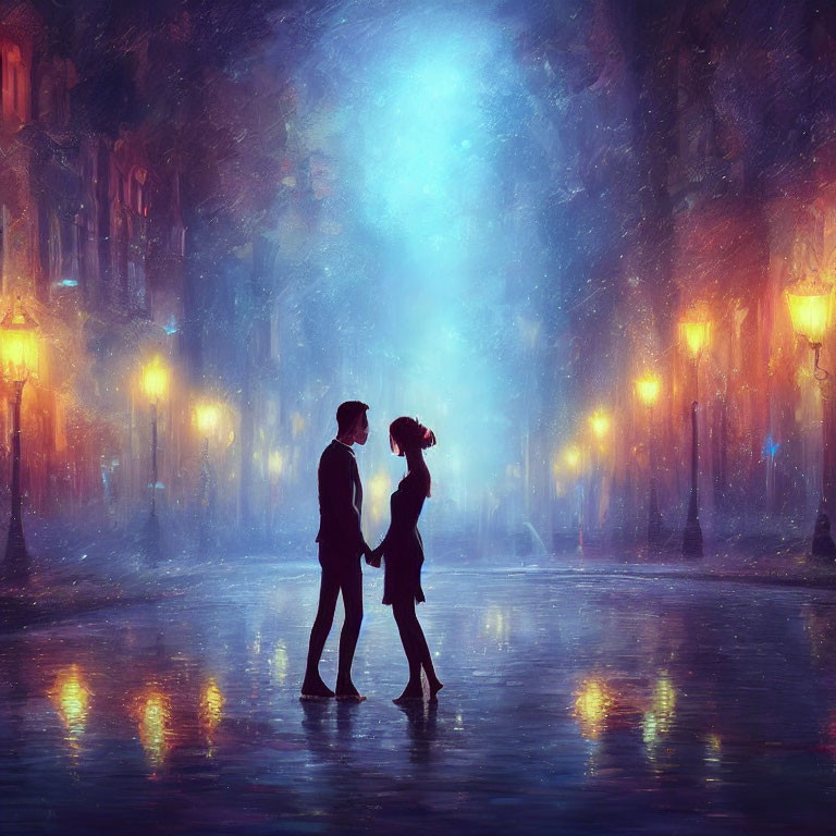 Romantic couple under glowing streetlights in misty cityscape