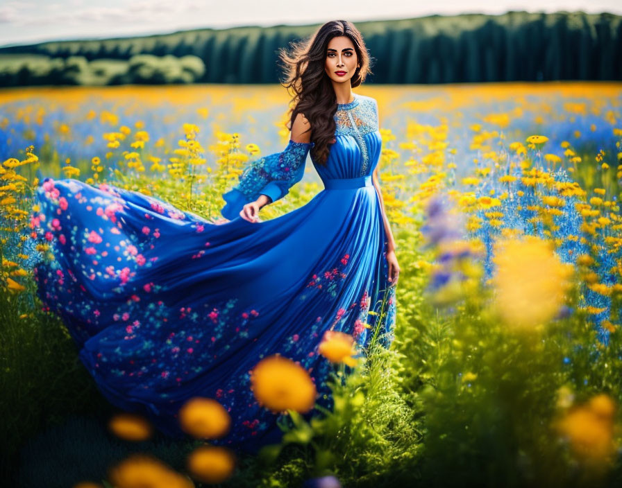 Woman in Blue Floral Gown Surrounded by Yellow Flowers