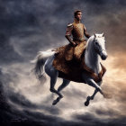 Female warrior in golden armor on white horse under dramatic sky
