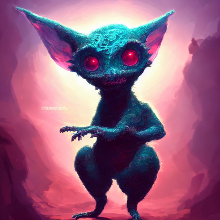 Mystical creature with large ears, red eyes, and blue skin in pink-hued setting