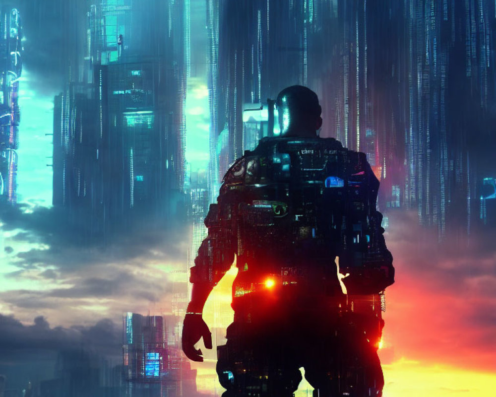 Silhouetted futuristic soldier in cyberpunk cityscape at twilight