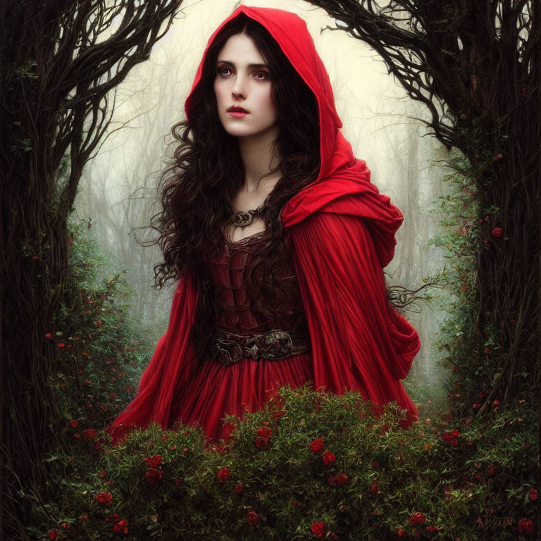 Mysterious woman in red hooded cloak in misty forest landscape