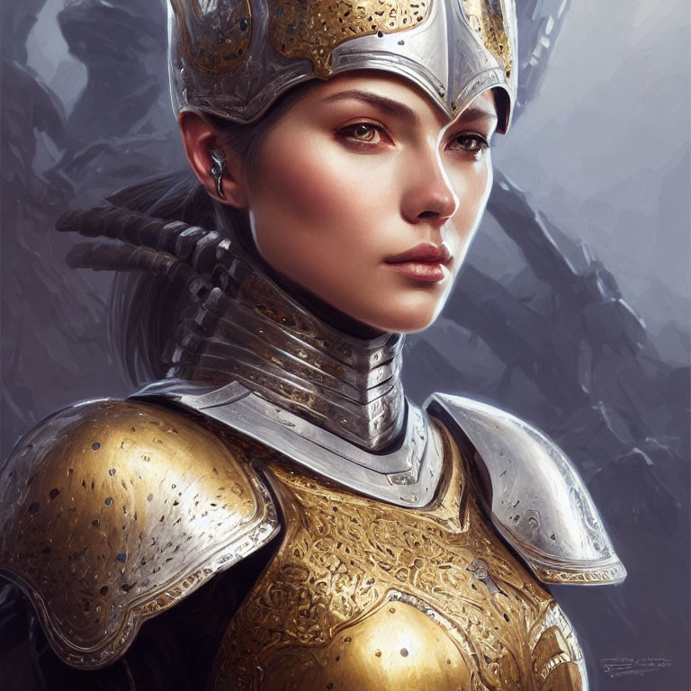 Digital Artwork: Woman in Ornate Medieval Armor with Helmet