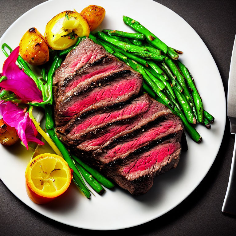 Grilled steak with green beans, roast potatoes, lemon, and pink flower on white plate