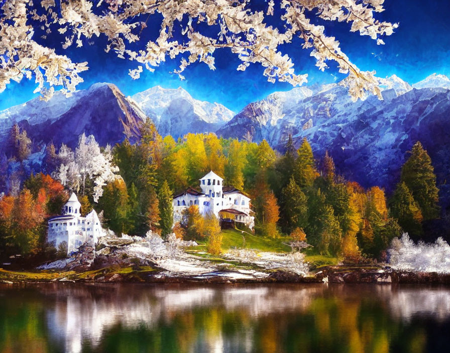 Serene lake and vibrant autumn scenery with quaint buildings.