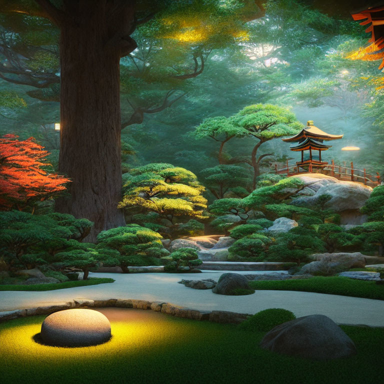 Tranquil Japanese garden at dusk with stone lantern, koi pond, and meticulously maintained trees