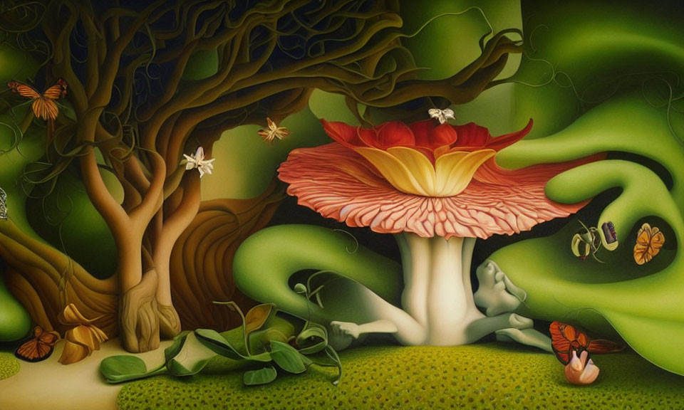 Surreal landscape with oversized mushroom, tree, insects, and merging human figure