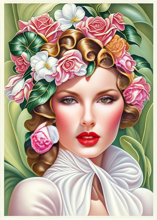 Stylized portrait of woman with wavy hair and floral adornments