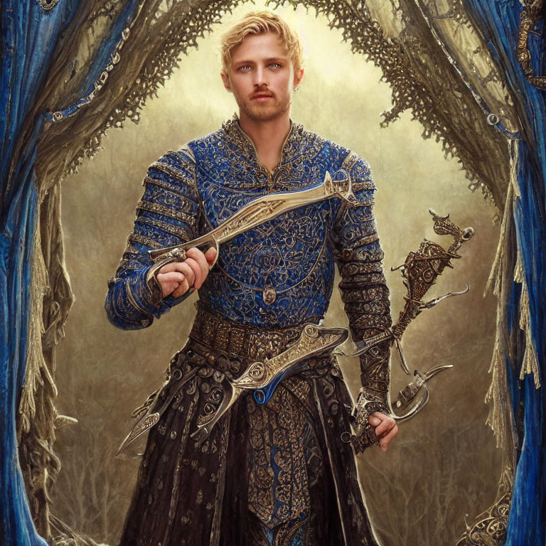 Regal figure in blue armor with sword before ornate archway