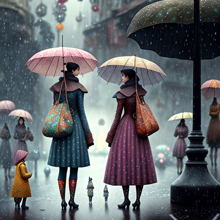 Stylized women with umbrellas in rainy scene surrounded by smaller figures