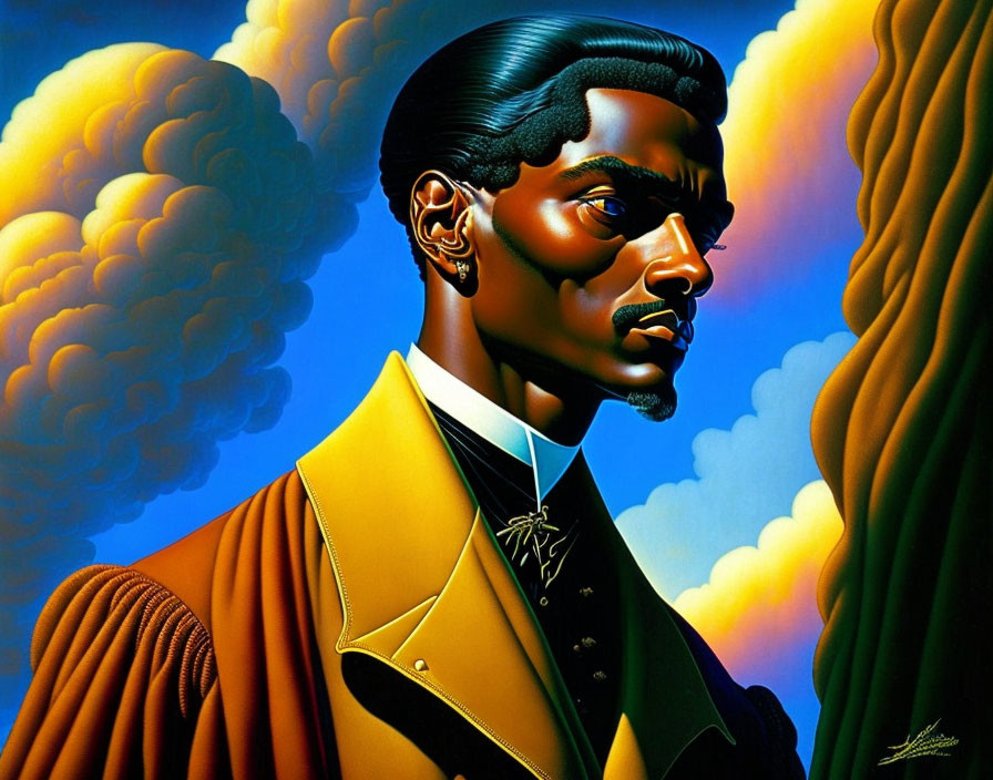 Stylized portrait of man with unique hairstyle in yellow and black jacket against colorful sky