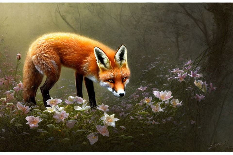 Colorful Fox in White Flower Field with Misty Forest Background